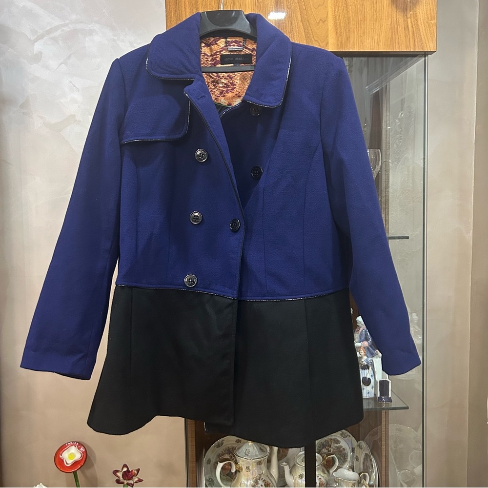 Women's Blue and Black Double-Breasted Coat